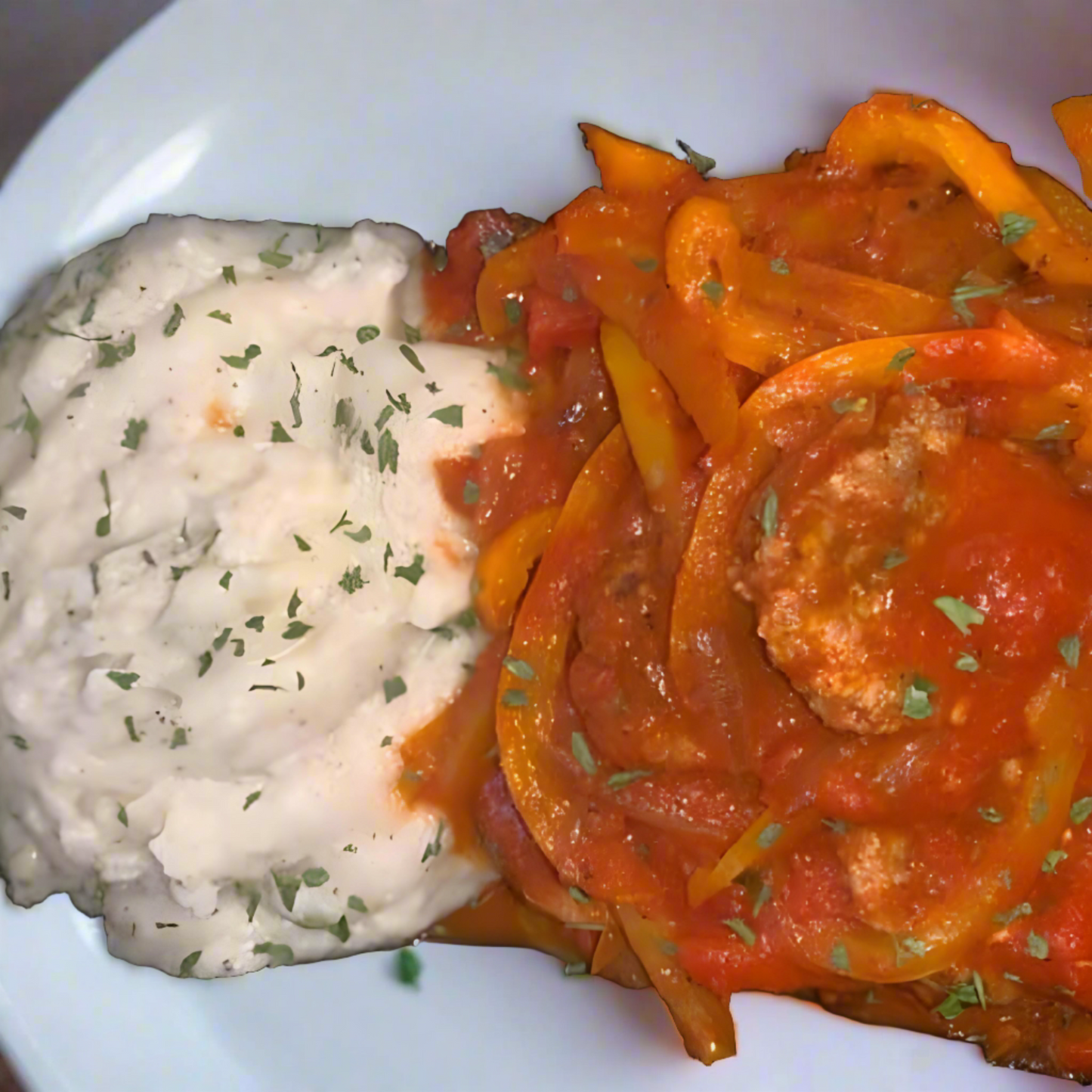 Garlic Mash Potatoes with Turkey Italian Sausage Peppers and Onions in Marinara - Dairy Free