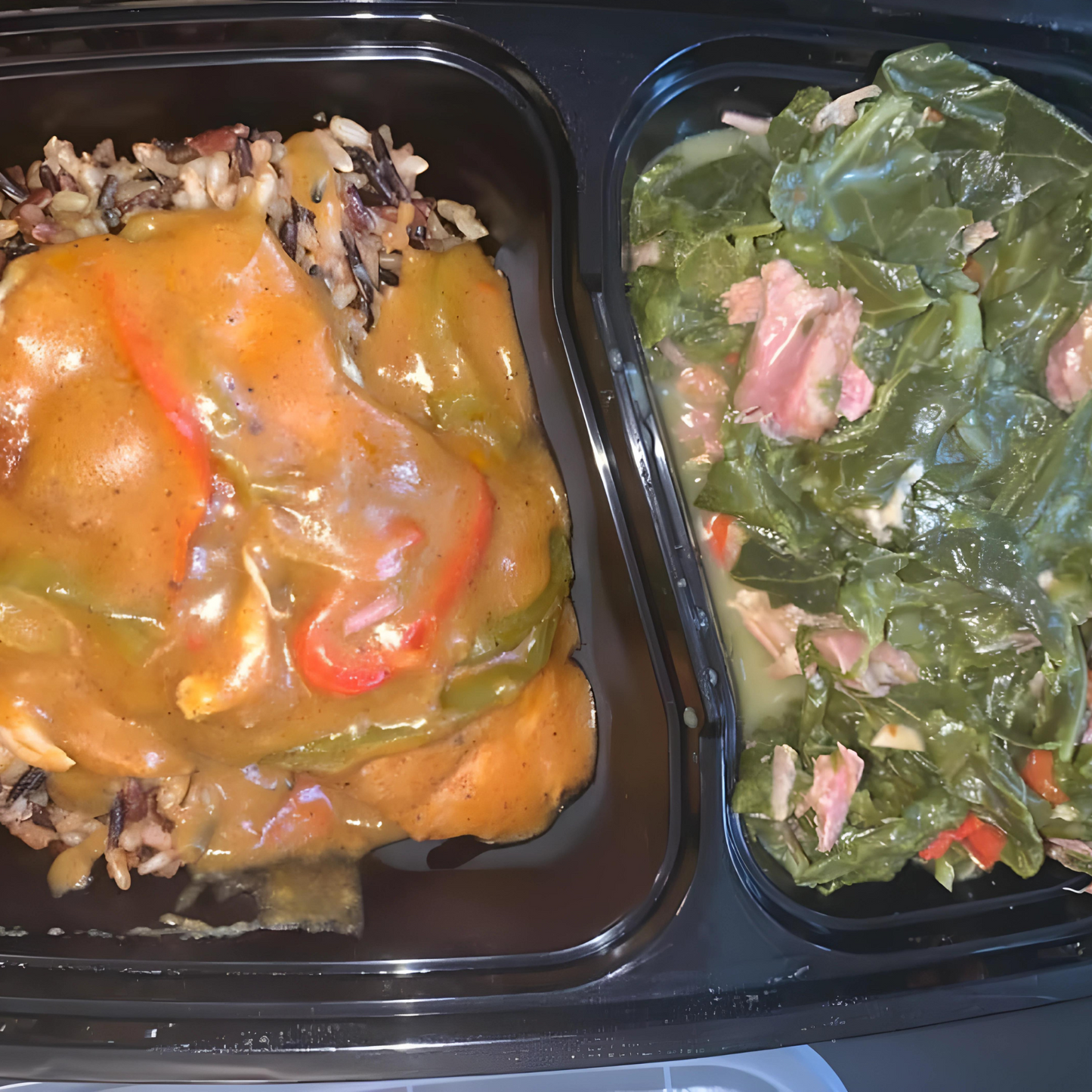 Smothered Chicken Breast, Wild Rice with Collard Greens & Smoked Turkey Neck